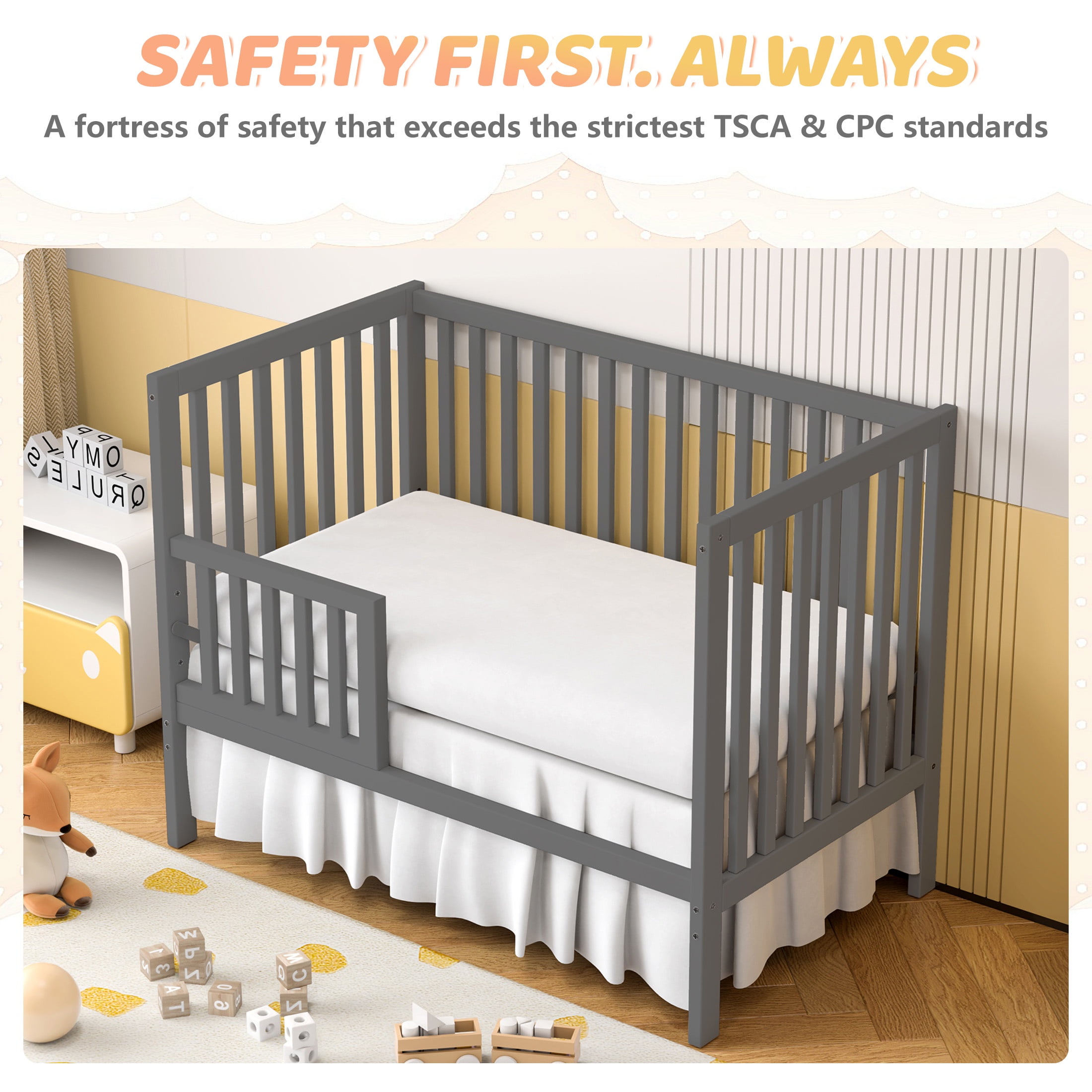 SESSLIFE 5-In-1 Convertible Crib, Gray Baby Bed, Converts from Baby Crib to Toddler Bed, Fits Standard Full-Size Crib Mattress(Not Included)