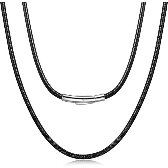 Black Braided Leather Cord Necklace for Men, 2MM Black Mens Braided Leather Necklace Cord, Waterproof Black Necklace for Men, Women and Boys, Mens Necklace, 16-28 Inch