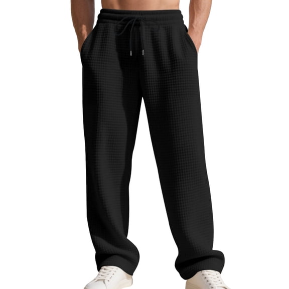 Waffle Sweatpants Men Textured Drawstring Waist Solid Wide Leg Straight Joggers Casual Comfy Workout Lounge Pants Black M