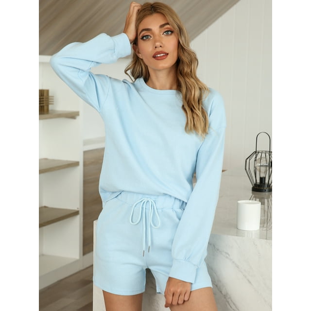 Topcobe Women' s Long Sleeve Solid Color Lounge Wear Set, S-3XL Blue