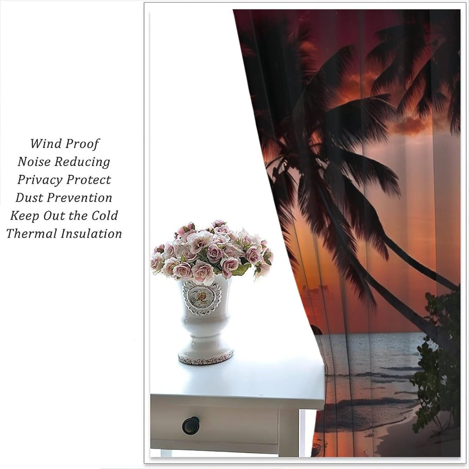 Beach Sunset Curtains for Kitchen, Summer Ocean Palm Tree Tropical Desert Island Orange Sunset Scenery Blackout Window Drapes for Bedroom Living Room, 84" W X 84" L