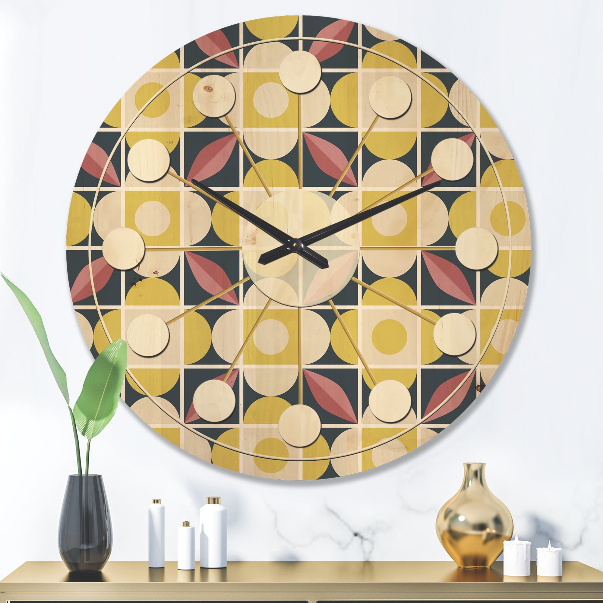 Designart 'Retro Pattern With mosaic style' Mid-Century Modern Wood Wall Clock