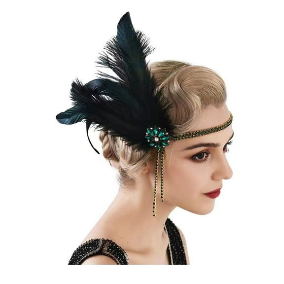 Zhuge 1920s Great Gatsby Headpiece, Headband with Rhinestone, Pearl & Feather for Women’s Accessories, Green