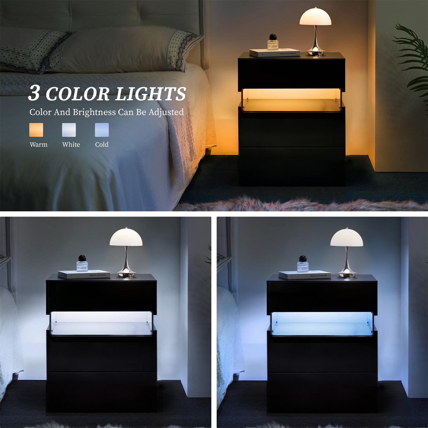 Hommoo 3 Drawer Dresser LED Nightstands, End Table Bedside Tables for Bedroom, Living Room, Black
