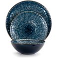 thumbnail image 2 of Elama Round Stoneware Embossed Dinnerware Dish Set, 16 Piece, Sea Blue with Brown Trim, 2 of 9