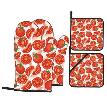 

Oven Mitts and Pot Holders Sets 4 pcs Cute Tomato Food Non-Slip Oven Gloves Potholders Soft Quilted Lining Heat Resistant Gloves Hot Pads for Kitchen Cooking Baking