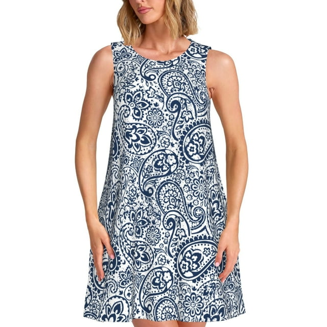 Vsdgher Robe d'Été Imprimée Paisley4 pour Femmes Décontractée Col en U Robe de Plage Sans Manches Robe Débardeur Ample avec Poche