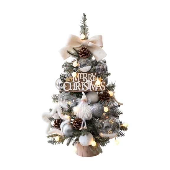WWG Artificial Christmas Tree, Pre Decorated Mini Tabletop Christmas Tree, Flocked Pine with LED Lights, Bow Topper, Doll, Pinecones, Baubles and Ornaments, Battery Operated, for Home Office Decor