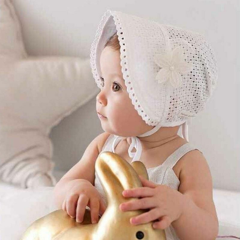 Kids Newborn Girls Baby Lace Bow Flower Princess Floral Bonnet Hat Cap x 1