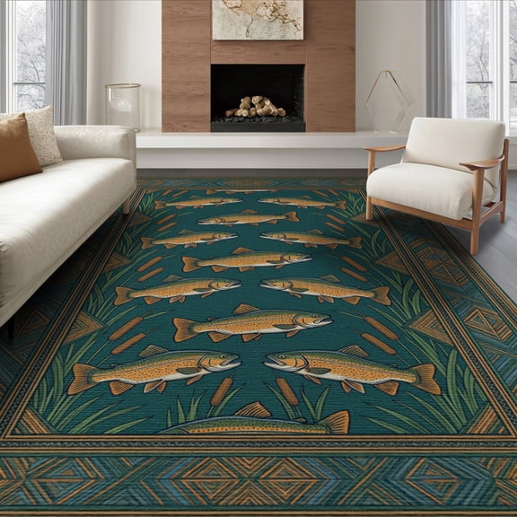 ODIKA 8'x10' Washable Area Rug Lake Trout Nautical Border Lure Novelty Vintage Hooked Fishing Refined for Living Room, Under Sectional, Family , Durable, Non-Slip