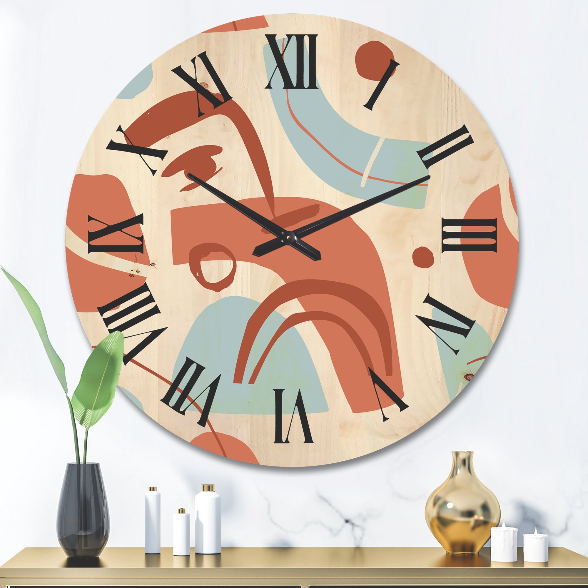 Designart 'Tropical Palm Leaves With Geometrical Shapes' Modern Wood Wall Clock