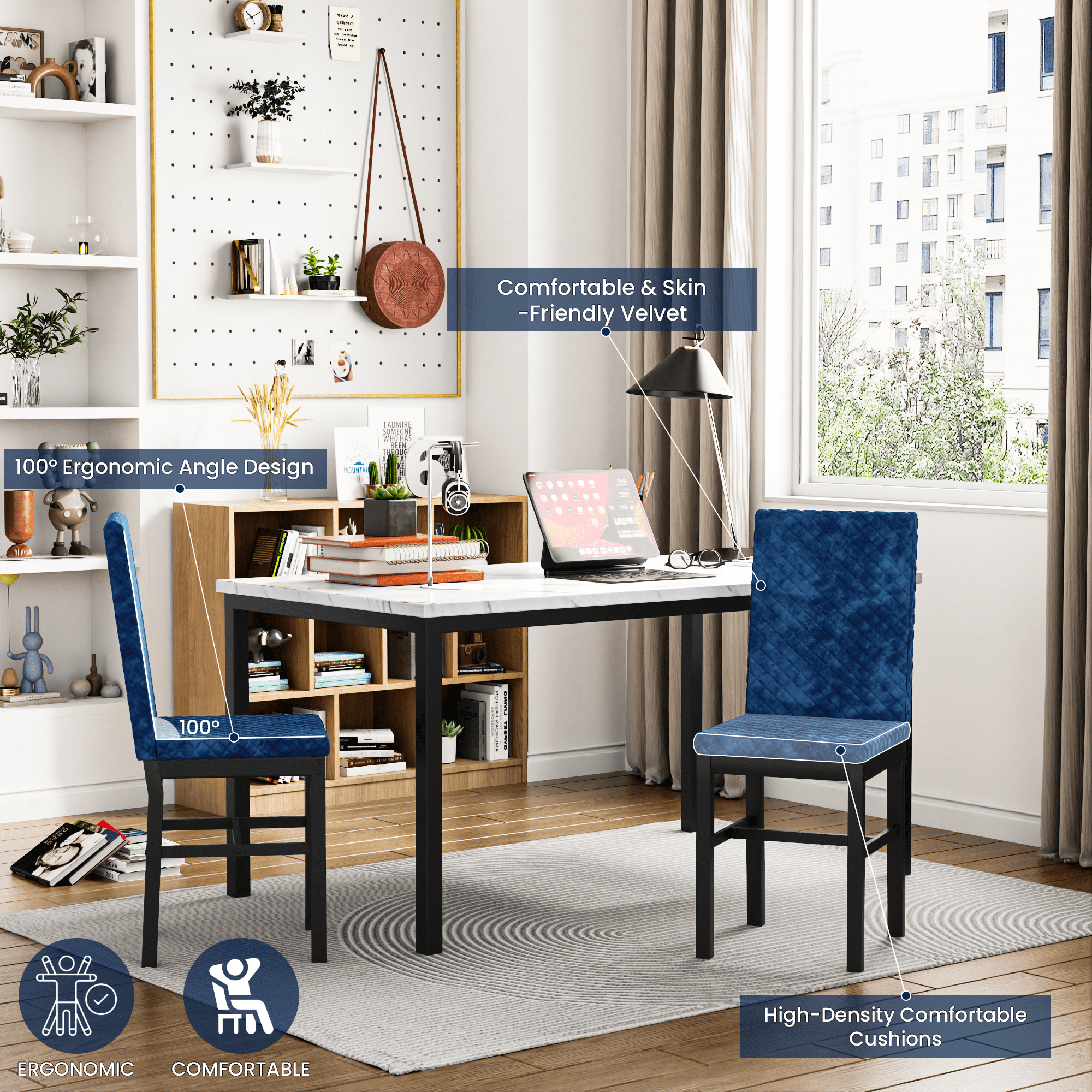 Recaceik Modern 7 Piece Dining Room Faux Marble Velvet Chairs Sets for 6, Blue
