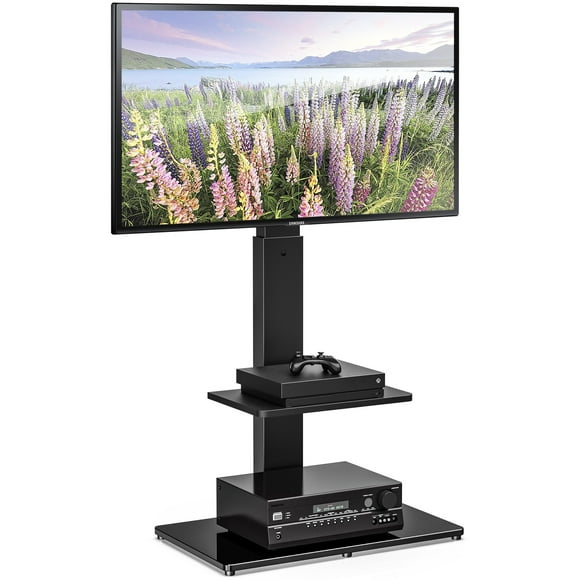 FITUEYES 2-Shelves Floor Tall TV Stand for 32 to 65 inch Flat Curved Screen Television with 60 Degree Swivel Mount & 6 Level Height Adjustable
