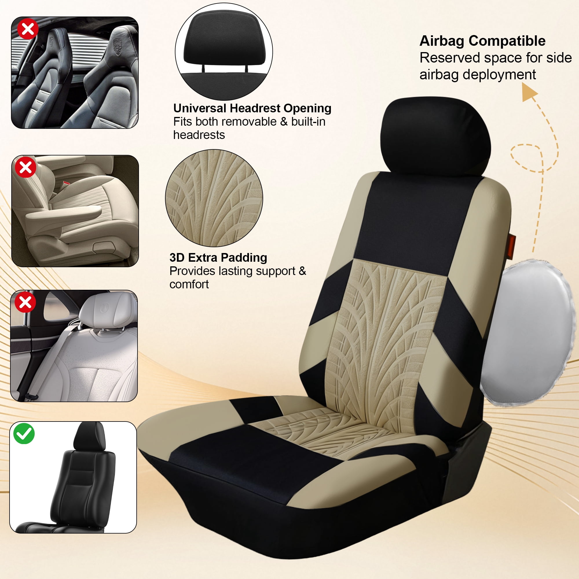 FLORAY 9-Piece Car Seat Covers Full Set - Airbag Safe, Thickened Quilted Cloth, Machine Washable - Universal Fit for Cars, SUVs & Trucks (Solid Rear Bench), Beige