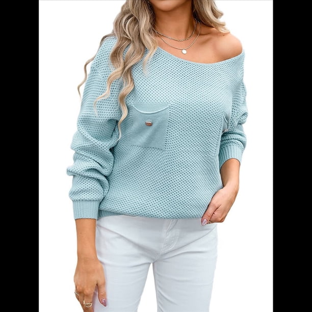 Suéteres de Mujer con Hombros Descubiertos, Larga, Hombros Caídos, Punto Gofre, Suéteres con Bolsillos Azul M