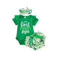 thumbnail image 2 of Musuos Infant Baby Girls 3 Pieces Outfit, 3 6 12 18M Letter Print Ruffles Short Sleeve Romper + Clover Print Shorts + Headband Set, 2 of 10