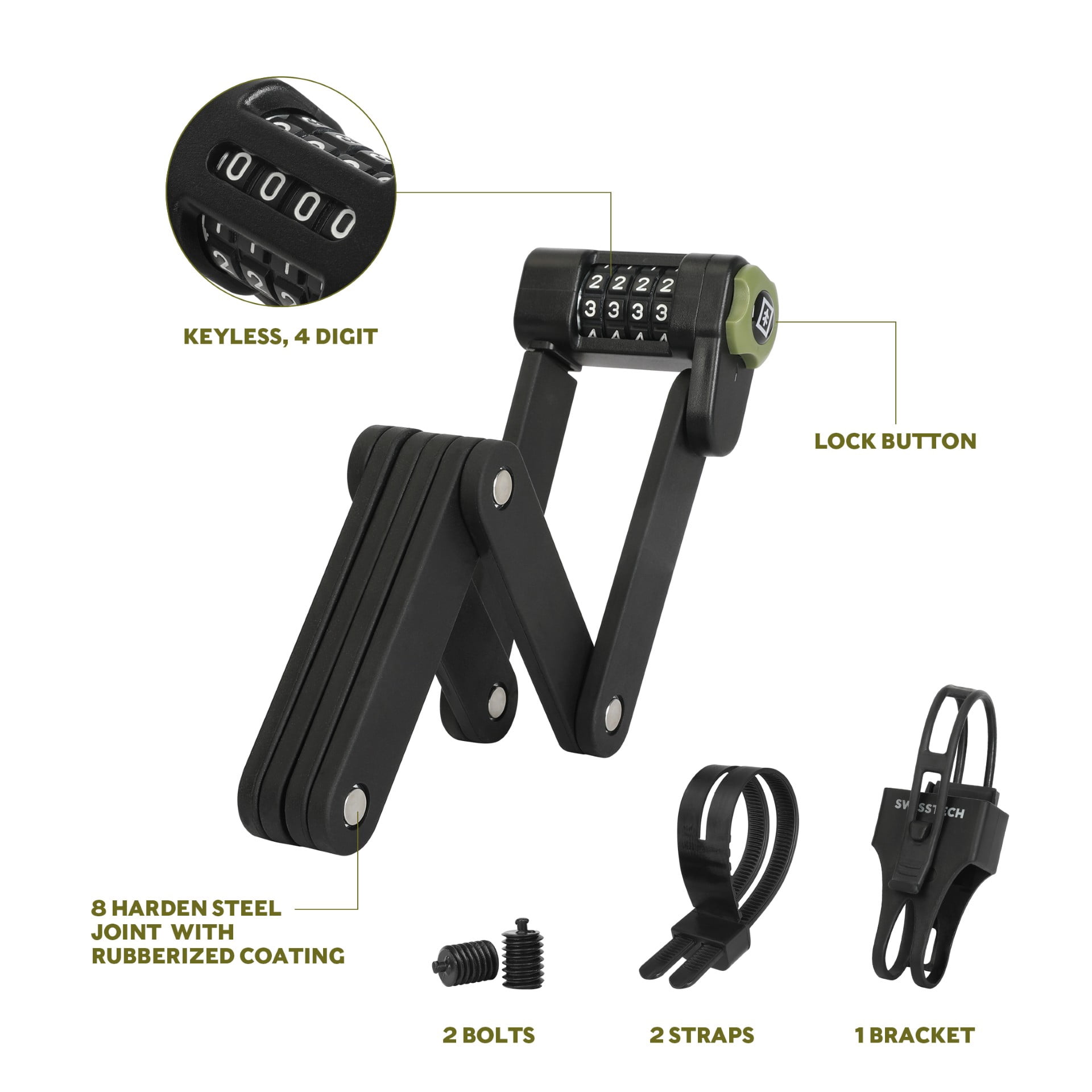 Swiss Tech Foldable Bike Frame Lock, Black