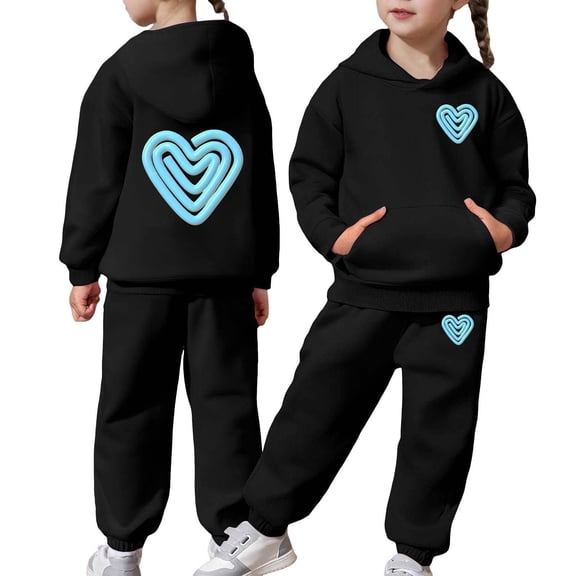 YMNXA Big Child Girls Casual Outfit 2 Piece Long Sleeve Love Heart Print Pocket Hoodies And Pants Fashion Comfortable Sets For Daily Wear Black 2-3 Years