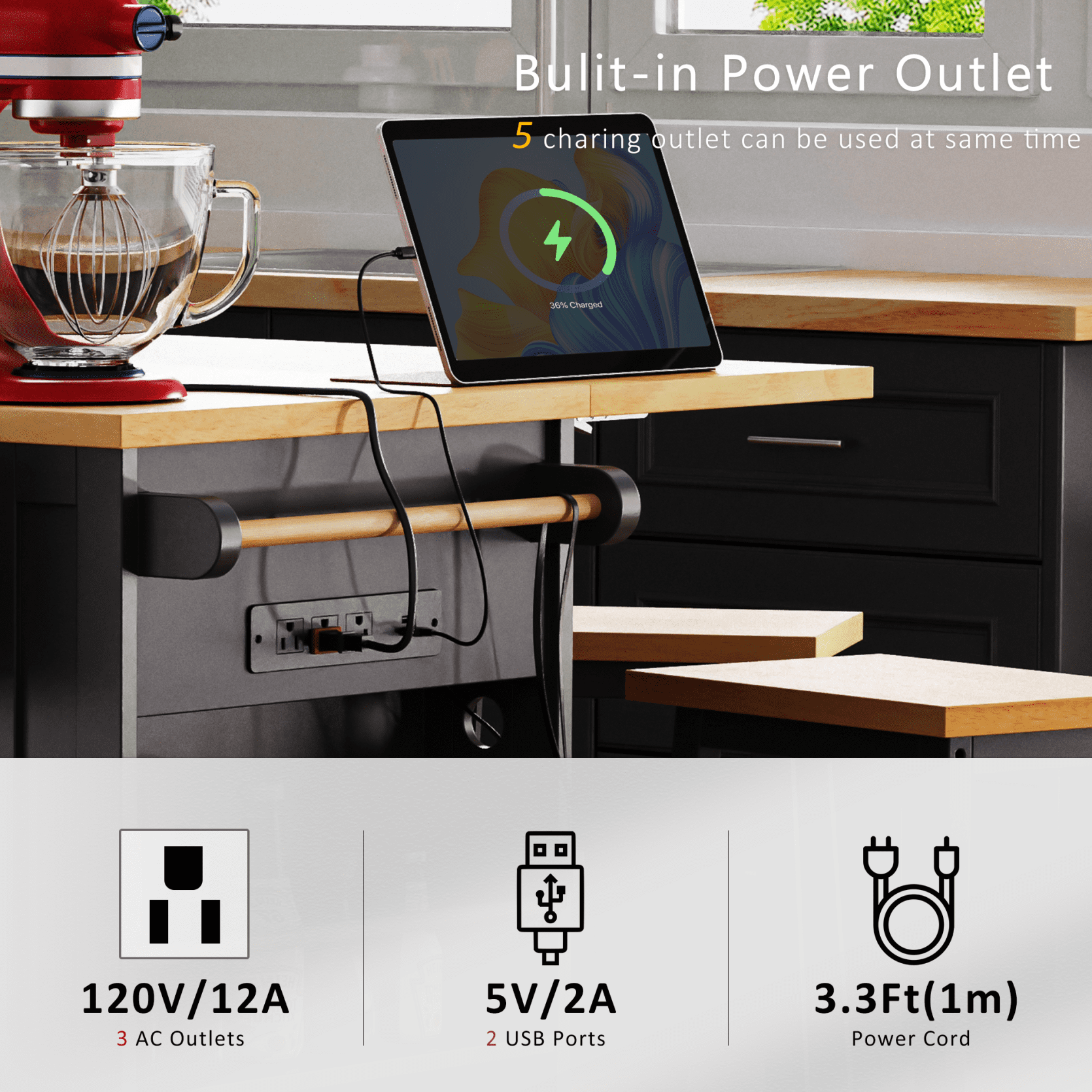 53" Large Kitchen Island with Drop Leaf and Power Outlet, Rolling Kitchen Cart with Adjustable Shelves, Side Racks, Internal Storage Racks, Mobile Kitchen Island for Kitchen, Dining Room, Black