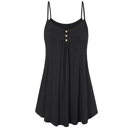 - Womens Strappy Blouse Cami Tunic Buttons Loose Tank Shirt