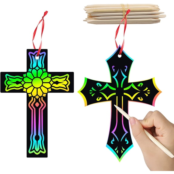 60Pcs Scratch Cross Ornaments, Magic Art Party Favors Rainbow Color DIY Craft Kit for Kids, Scratch Paper Hanging Tags, Birthday Gifts for Boys Girls