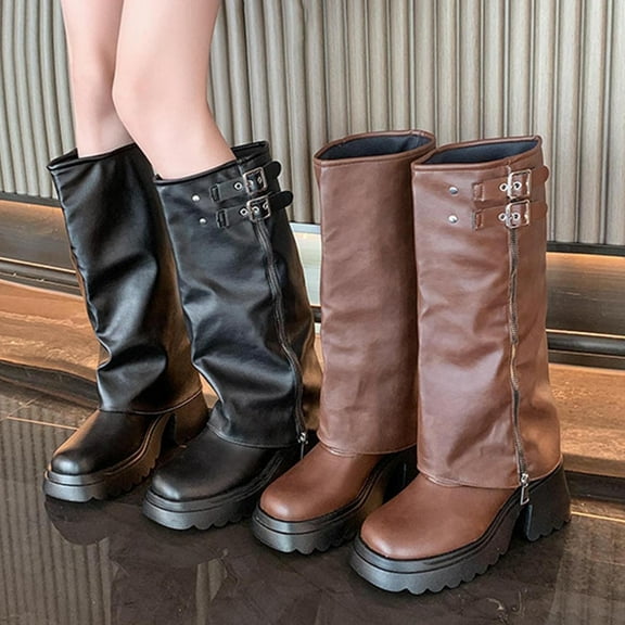 Knee-High Boots Women's Casual Winter Shoes Solid Color Thick Sole Square Toe Side Zipper Mid-Heel Stylish Footwear for All Occasions