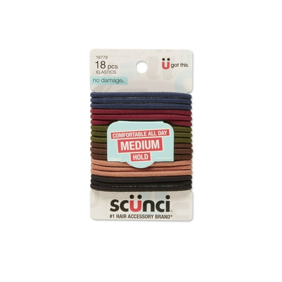 Scunci No Damage Medium-Hold Ponytail Holder Hair Ties with Storage Ring, Assorted Colors, 18 Ct