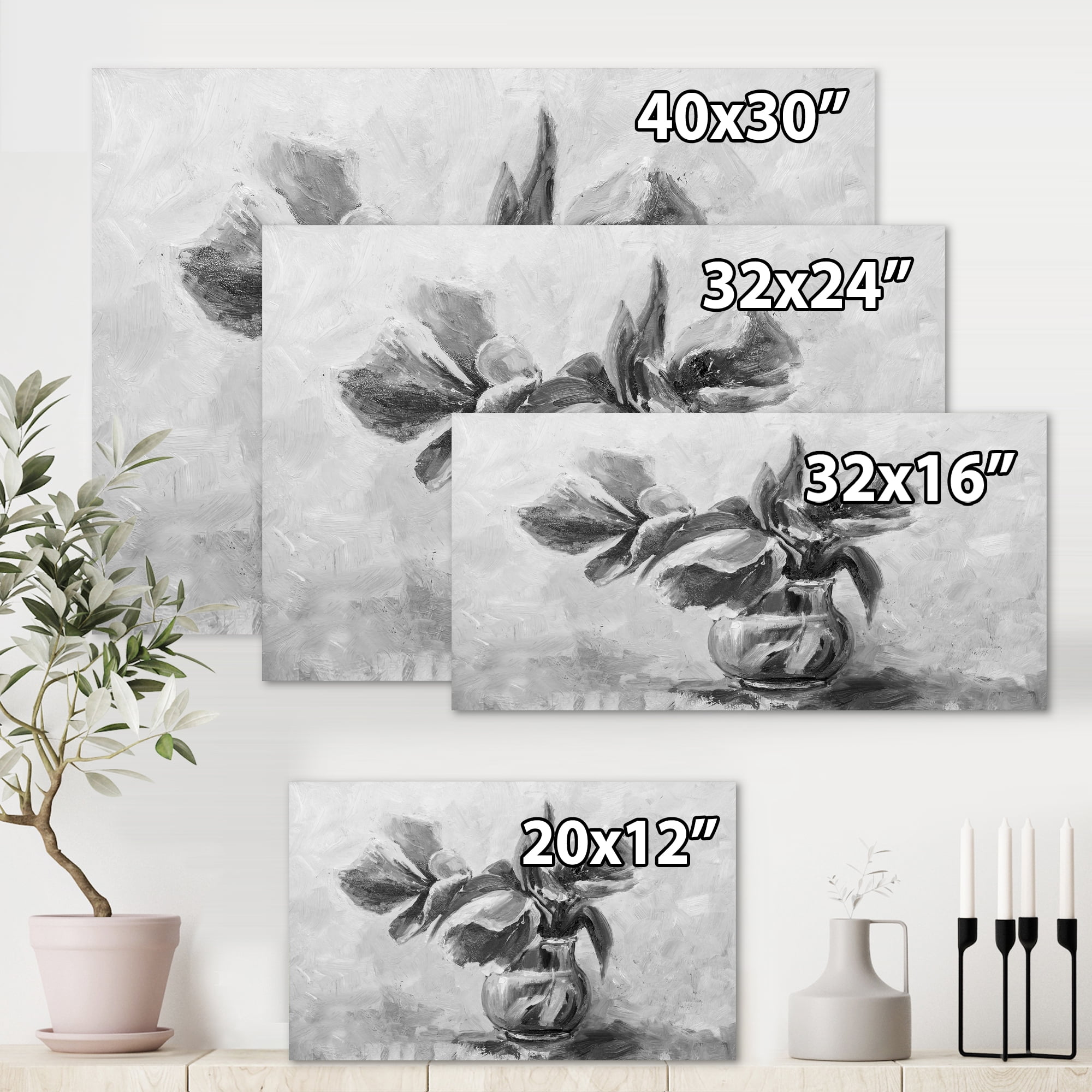 Designart ' Black and White Still Life Of Flowers In A Vase ' Traditional Canvas Wall Art Print