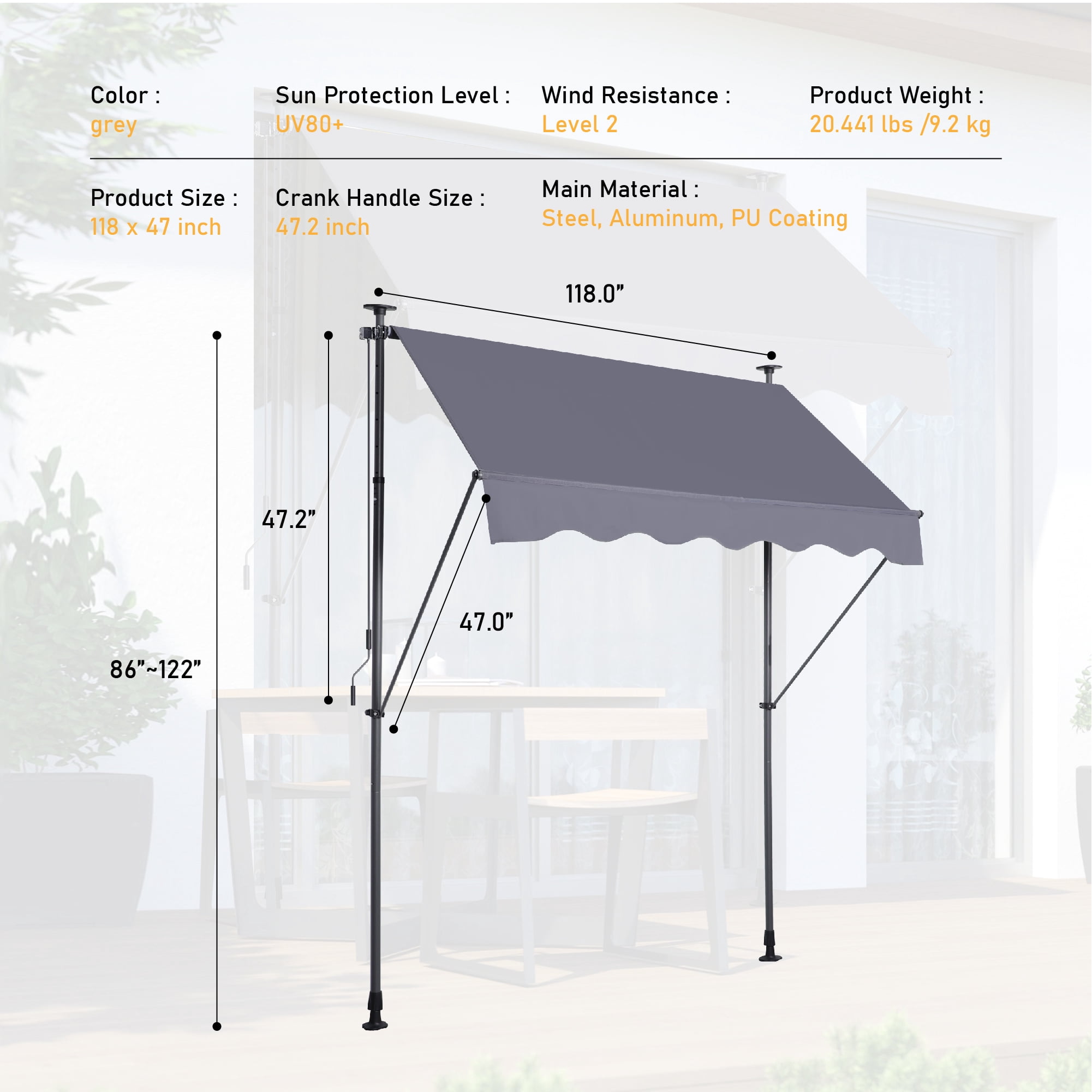 Manual Retractable Awning, No Drill Sun Shade Cover for Patio Door Window Garden, Grey