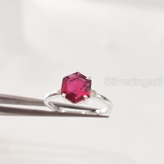 Hexagon Ruby Ring, 925 Sterling Silver, CZ Ring, Women Ring, Hydro Ruby Ring, July Birthstone, Christmas, Thanksgiving, Tiny Dainty Ring, Handmade, Statement Jewelry, Anniversary