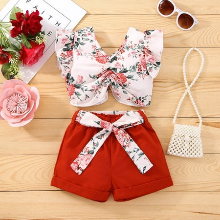 

Simplmasygenix Children s Day Gifts Kids Tops Clearance Toddler Baby Girls Fashion Cute Flowers Print Pleated Flying Sleeves Top Belt Shorts Suit