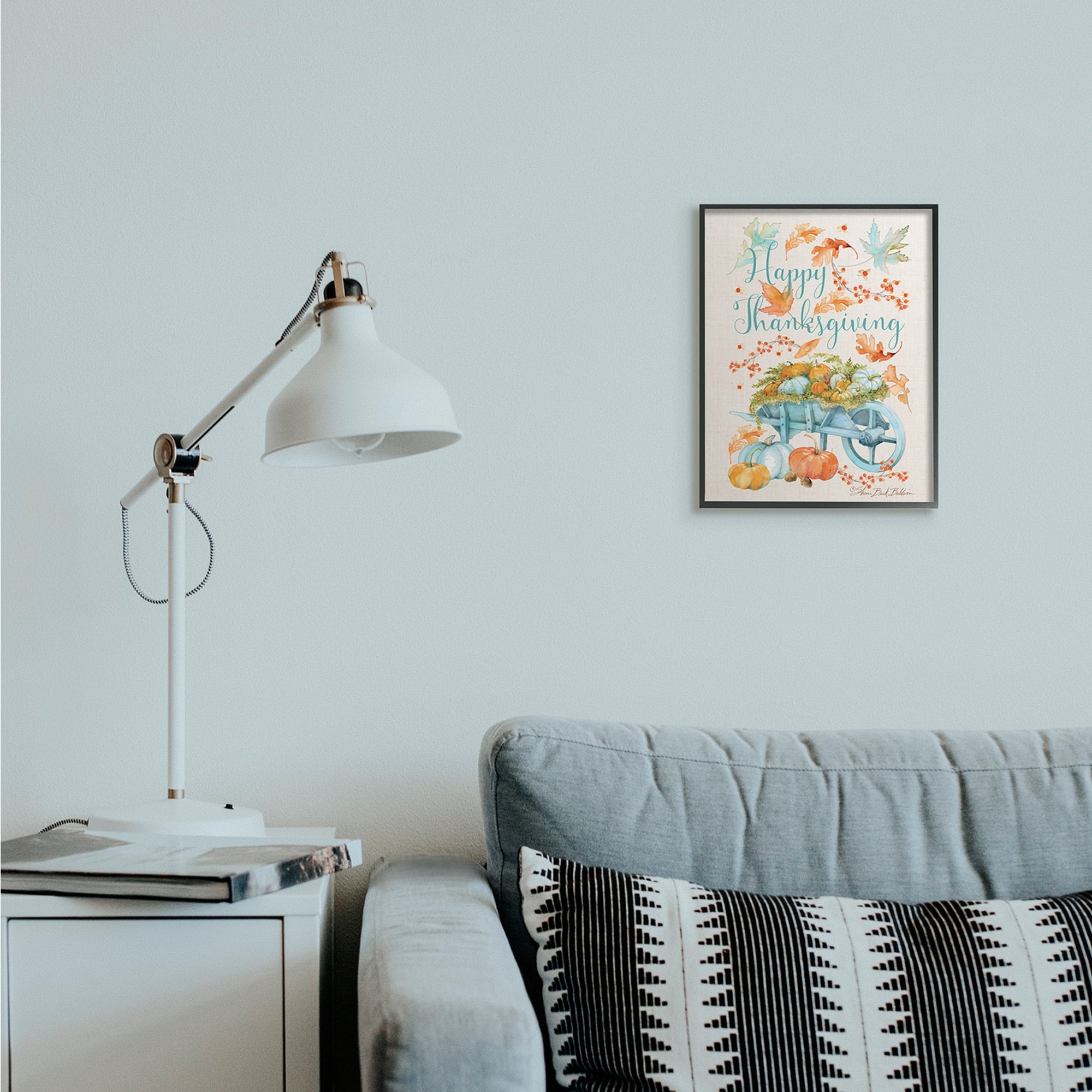 Stupell Industries Happy Thanksgiving Phrase Holiday Pumpkin Wagon Holiday Painting Gray Framed Art Print Wall Art, 11 x 14