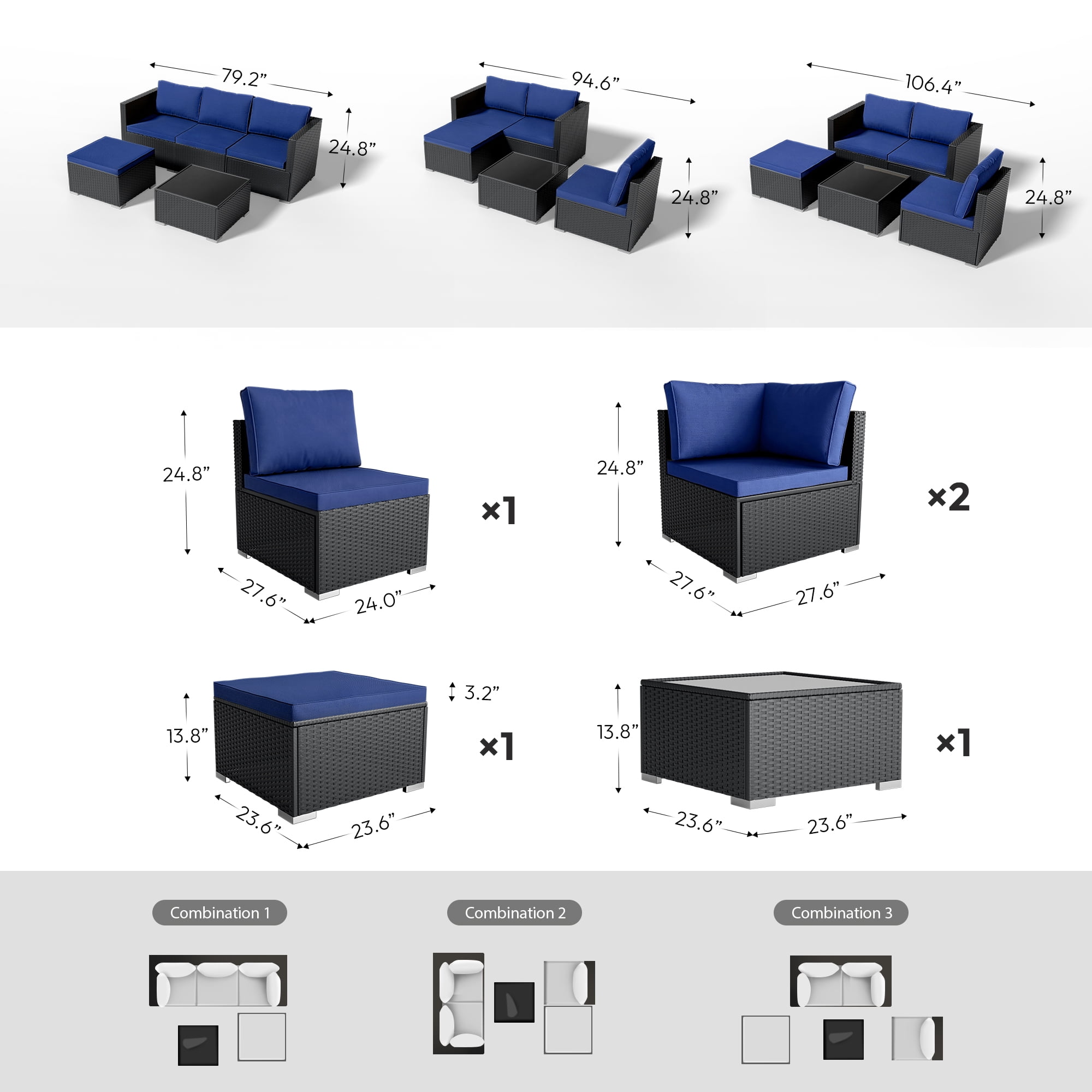 Patio Furniture Set 5 Piece - Wide Armrests - All-Weather Wicker Rattan Outdoor Patio Conversation Couch Sets, Modular Sectional Sofa for Garden, Patio, Poolside, Backyard, Balcony, Porch,Navy Blue