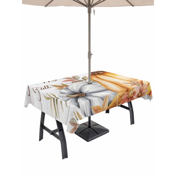 Outdoor Tablecloth with Umbrella Hole and Zipper, Fall Pumpkin Rectangle Table Cloth 60x102 Inch Waterproof Tablecloth, Thanksgiving Flower Leaf Farmhouse Wood Grain Picnic Table Cover for Patio