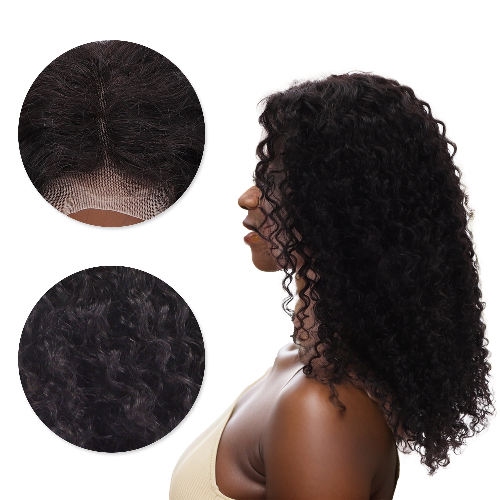Unique Bargains 1 Pc Small Wave Curly Long Hair Hair Wig Real Human Hair 16in 13x4in 200 Human Wig Black for Women