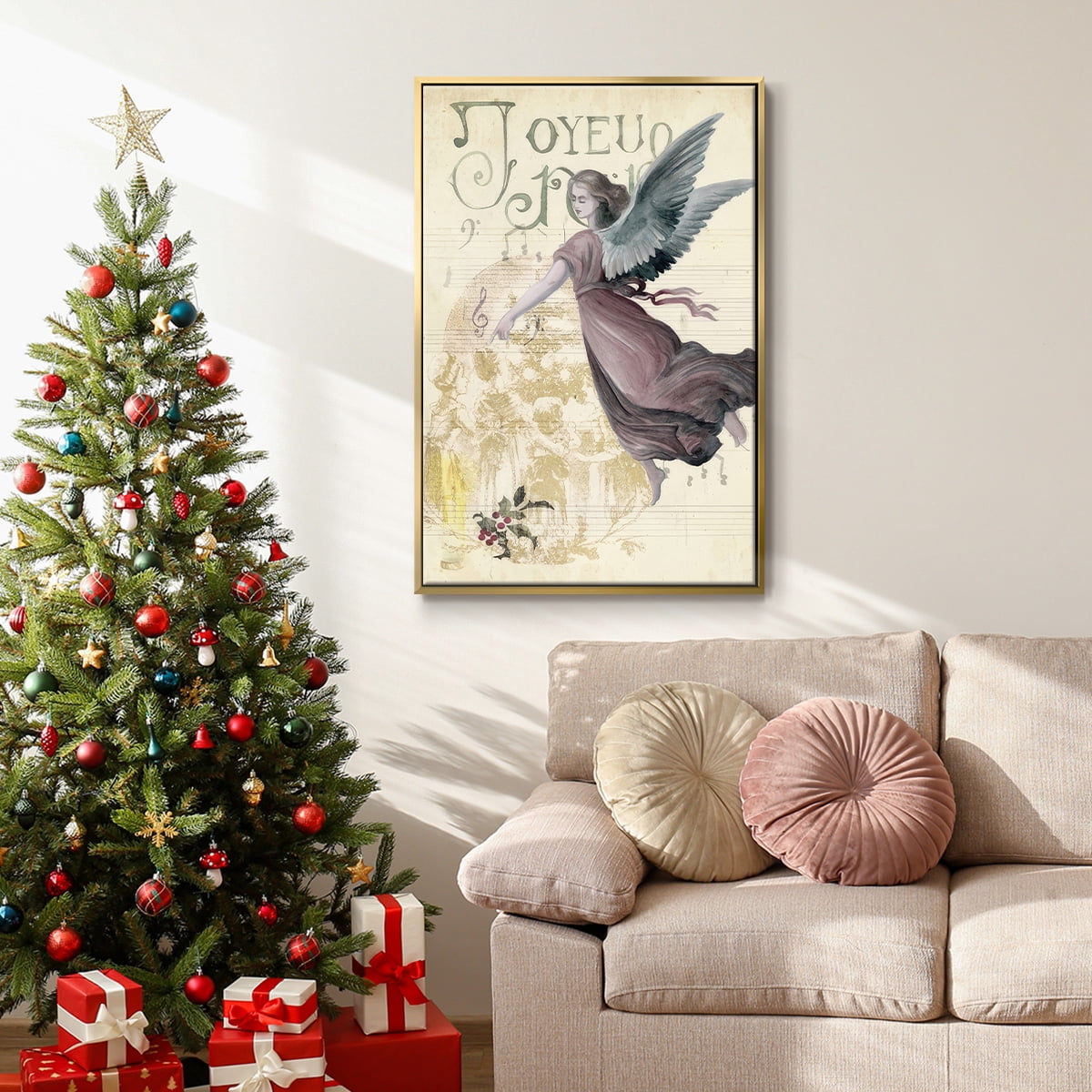 Christmas Greetings Collection B - Framed Gallery Wrapped Holiday Canvas - 27 x 41 - Gold Frame