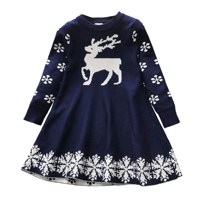 Robe Rétro d'Hiver pour Enfants 2025, Manches Longues, Cerf, Vacances, Flocons de Neige, Vêtements d'Été Chauds, Rouge