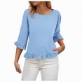 thumbnail image 5 of Towmus Womens 3/4 Sleeve Tops Knit Cotton Ladies Blouses Crew Neck T Shirts for Women Loose Fit Ruffle Sleeve Tunic Tops, XL, Light Blue, 5 of 8