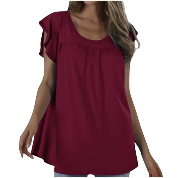 Women Ruffle Sleeve Tops Dressy Casual Flowy Tunics Short Sleeve Crewneck Plain Loose Cute Babydoll Blouse Summer