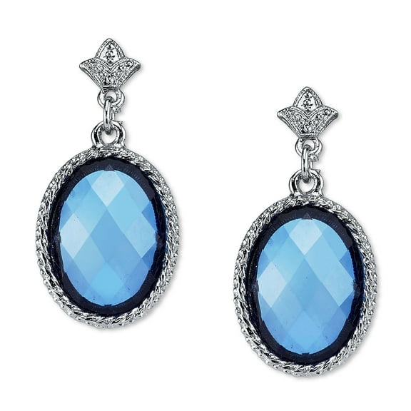 1928 Jewelry Silver-Tone Sapphire Color Faceted Oval Stone Earrings