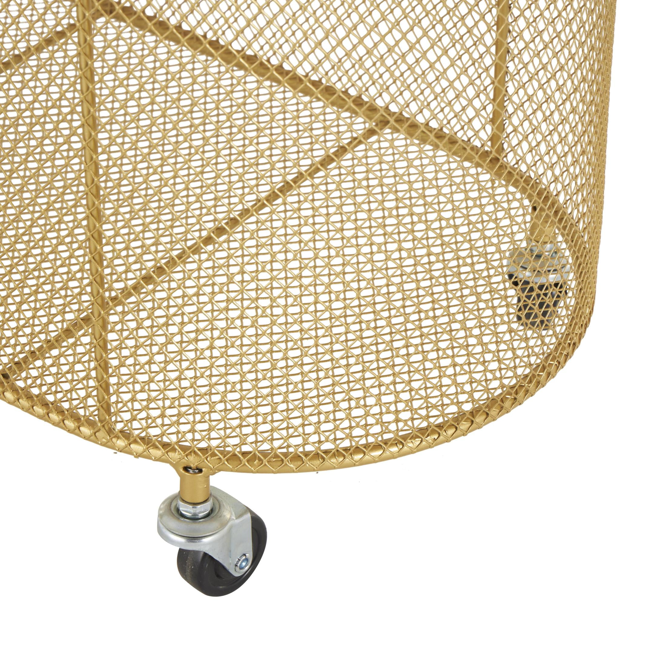 DecMode Gold Metal Oval Mesh Wire Rolling Laundry Storage Cart with Ring Handles