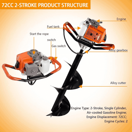 PRIJESSE 72CC Auger Post Hole Digger, Gas Powered 2-Stroke Earth Digger with 3 Auger Drill Bits(3" & 5" & 8") + 2 Extension Rods for Orchard/Farm/Garden Plant.