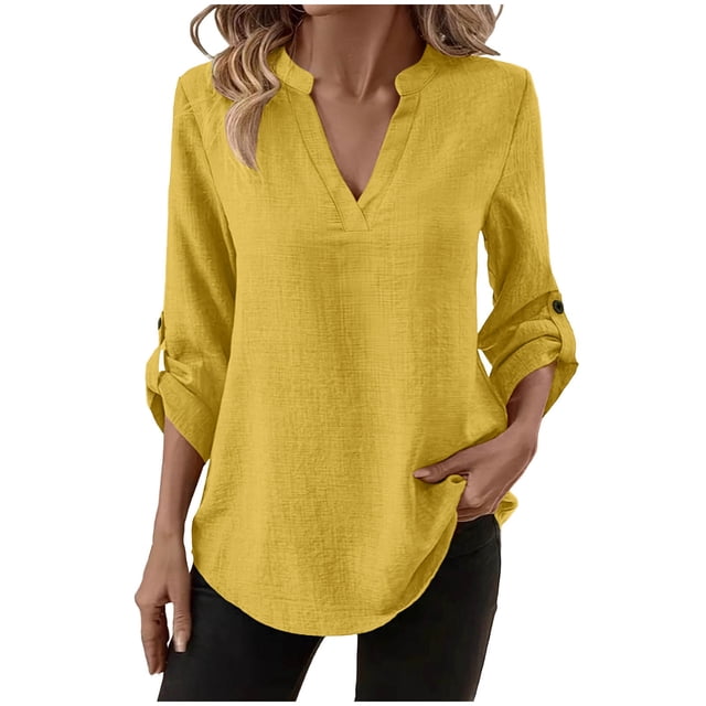 Camisas de Color Sólido para las Mujeres 3/4 Manga Manga Corta Cuello en V, Blusa Casual para Primavera Verano Diario
