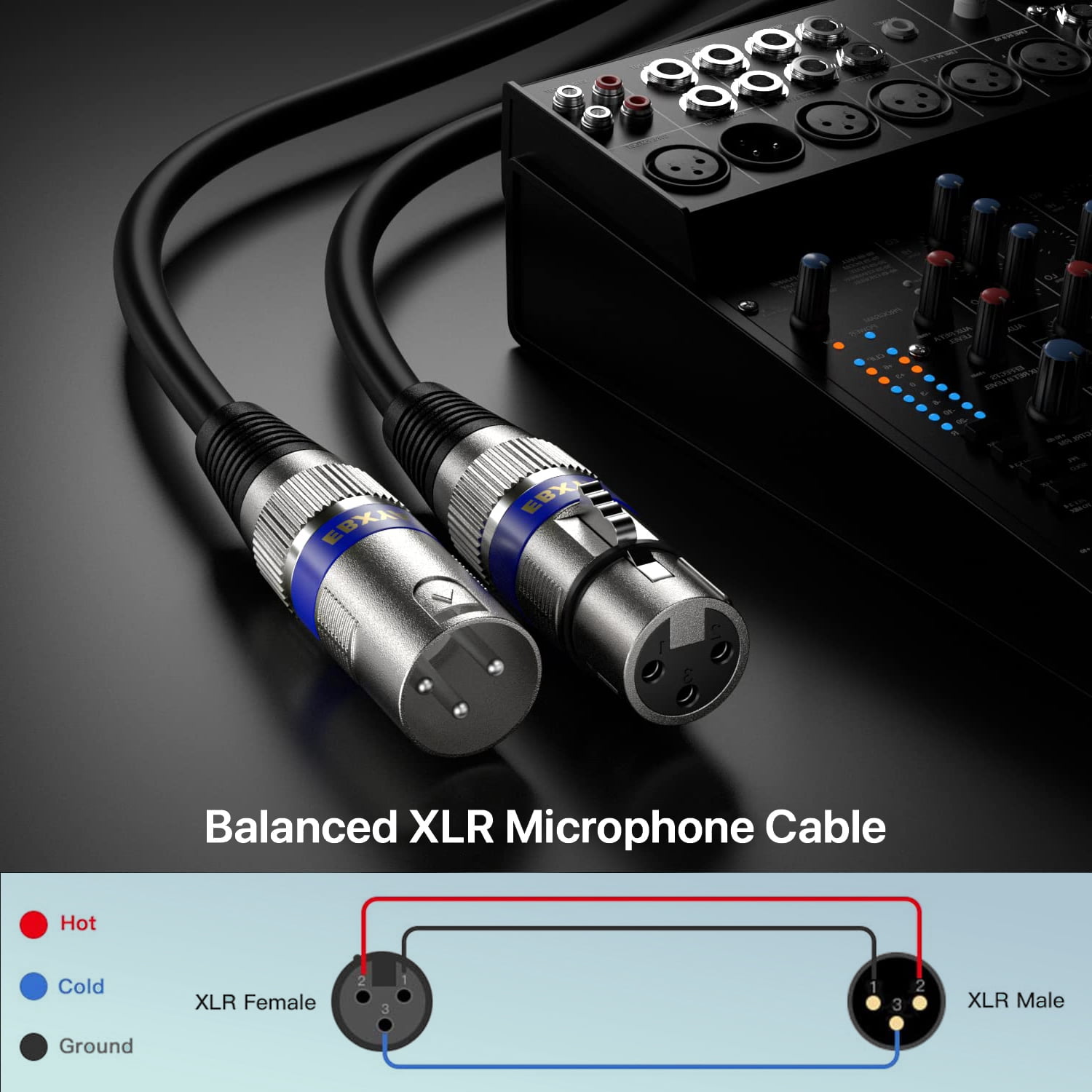 ​XLR Microphone Cables 6-Pack with Color Coded Connectors, EBXYA Balanced XLR to XLR Cable 0.6M, High Performance OFC for Easy Setup, Studio, Live Sound, Church & PA Systems​