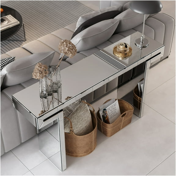 JERFIT 60" Modern Console Table with Full-Length Mirror & Fluted Glass, Entryway Sofa Table for Hallway, Silver, Scratch-Resistant