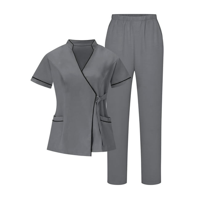 FRSASU Scrubs for Women Set Stretch V-Neck Scrub Tops & Pants Quick Drying Medical Nurse Uniform with Pockets Dark Gray L(L)