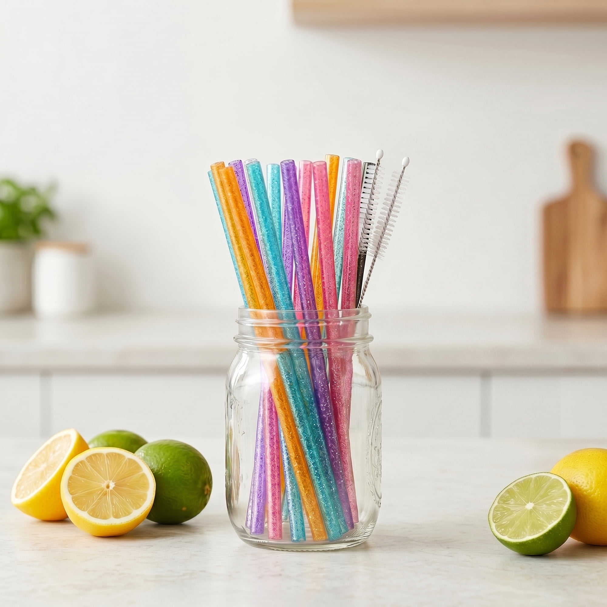Unique Bargains Reusable Plastic Home Office Straws with Brush Color D