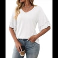 thumbnail image 1 of Womens V-Neck Tops Dressy Double Layer Bell Sleeve 3/4 Length Ruffle Sleeve T Shirts White L, 1 of 8