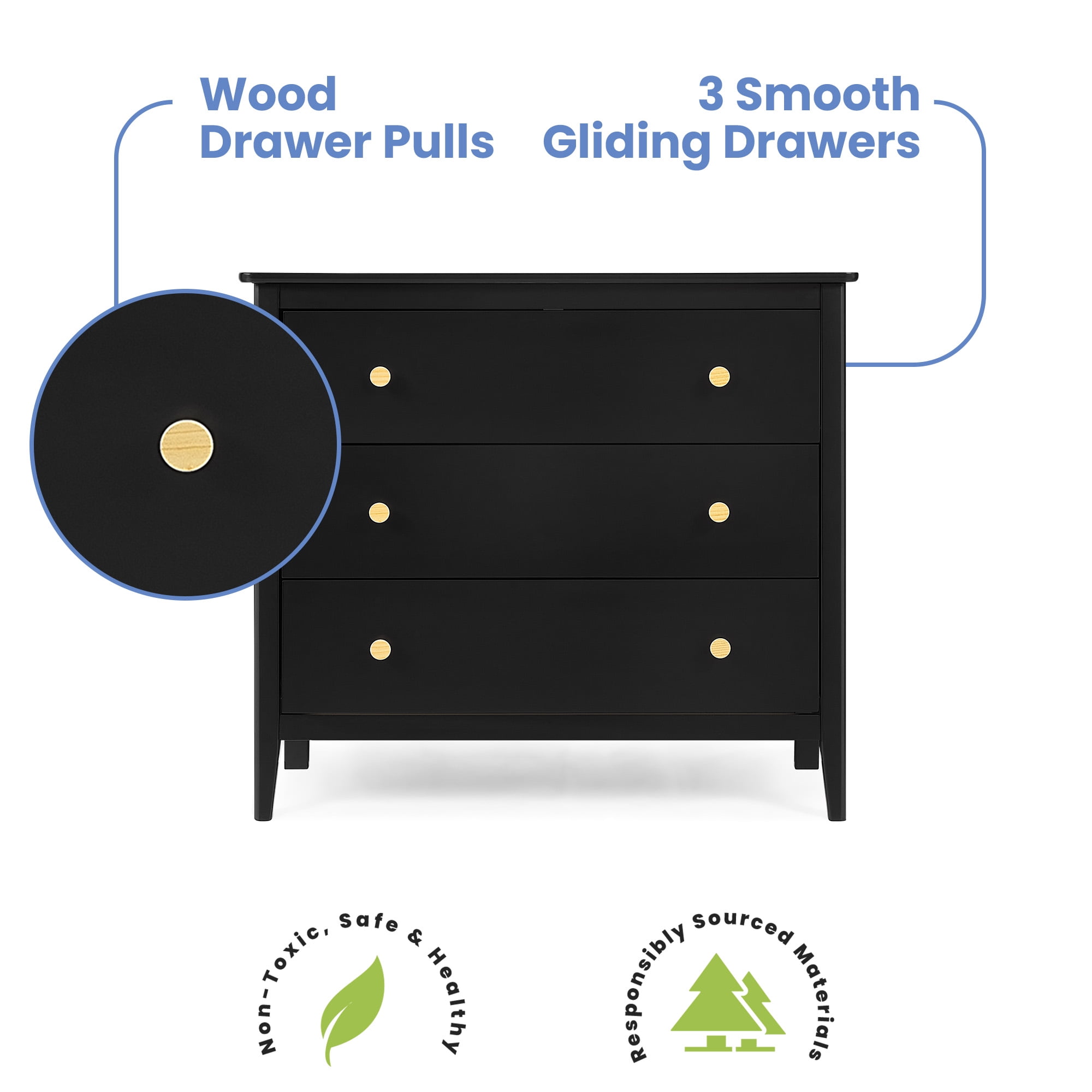 Delta Children Casey 3 Drawer Dresser with Interlocking Drawers, Black Ebony/Natural