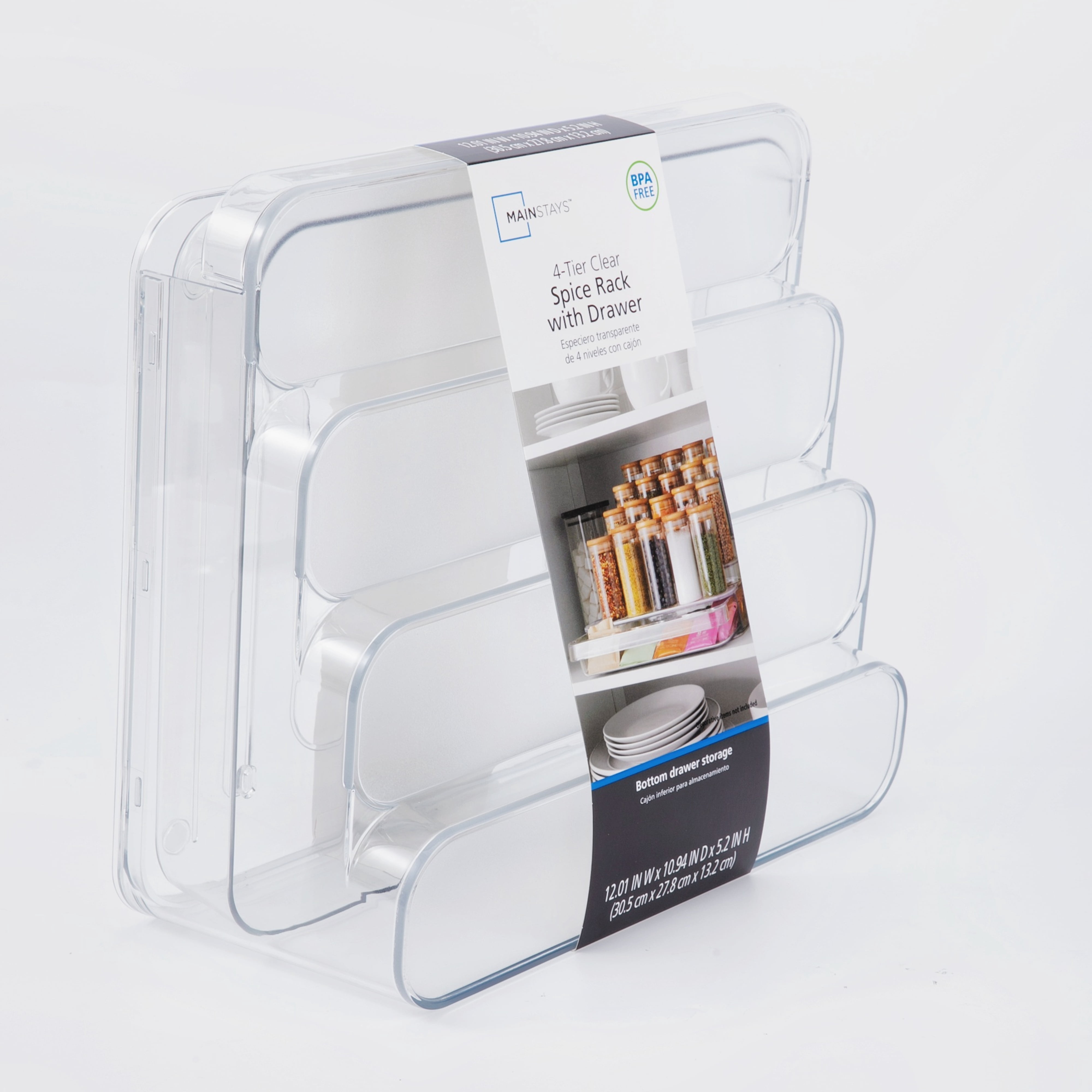Mainstays Clear 4 Tier Spice Rack With Drawer, Ideal for Kitchen Storage and Organization of Spices ansd Countertop Spice Display, Added Drawer for Organization and Storage